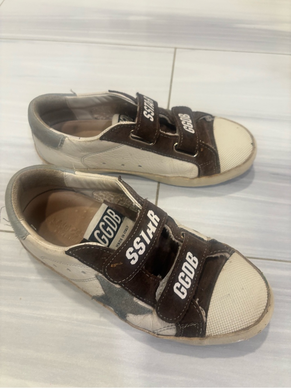 Golden Goose White & Brown Velcro Sneakers with Gray Star size31 ,is13-13.5 us